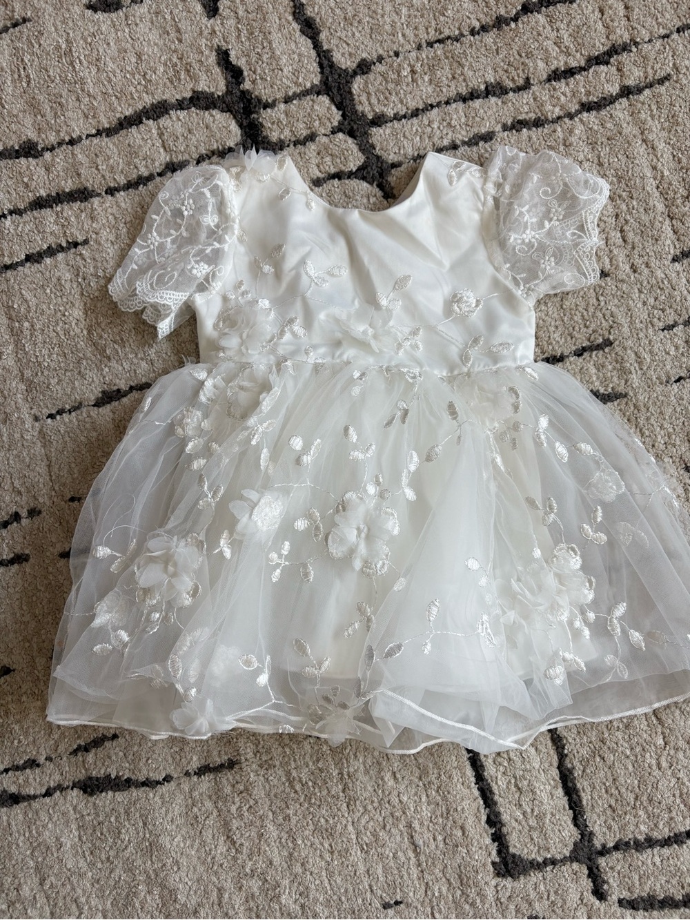 White Floral Embroidered Tulle Kids Dress